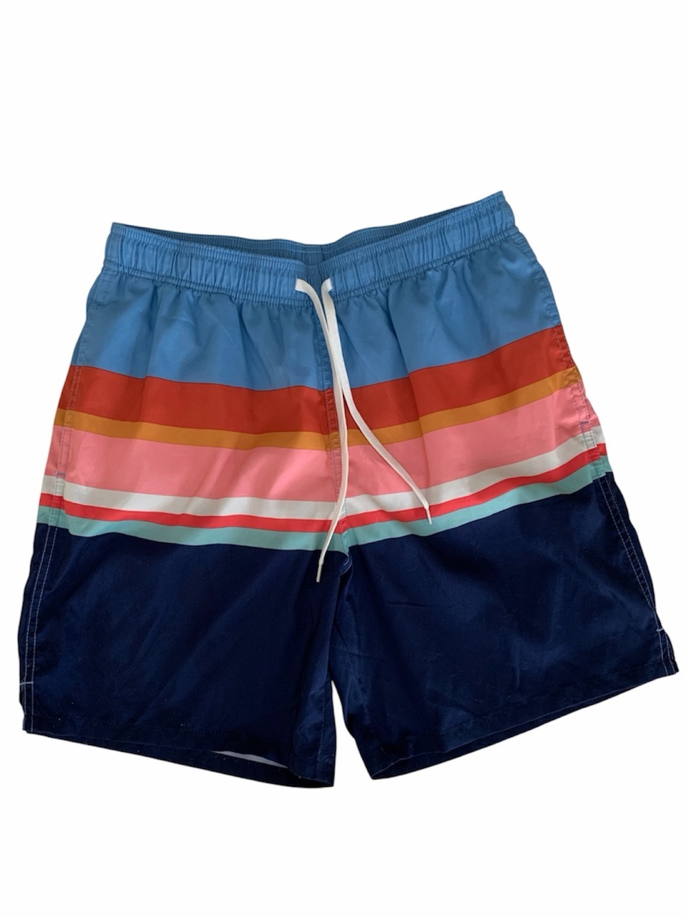 Goodfellow & Co Mens M Striped Swim Shorts Blue White Pink Drawstring Trunks